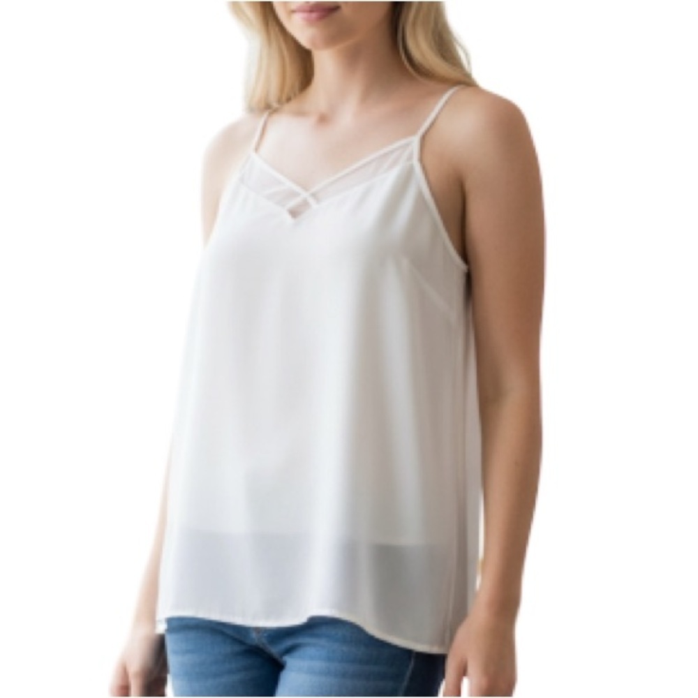 DYNAMITE Ivory Mesh Detail V-Neck Cami Slip Tank Top Keyhole Coquette Size M